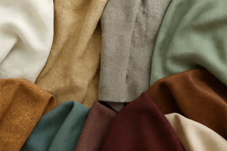 Earth-toned fabric textures arranged in a circular pattern, representing sustainable fashion materials.