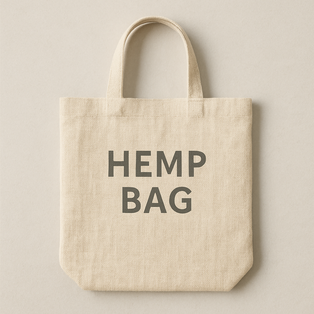Natural hemp tote bag labeled “hemp bag,” highlighting sustainable powerhouse fabric and eco-friendly design.