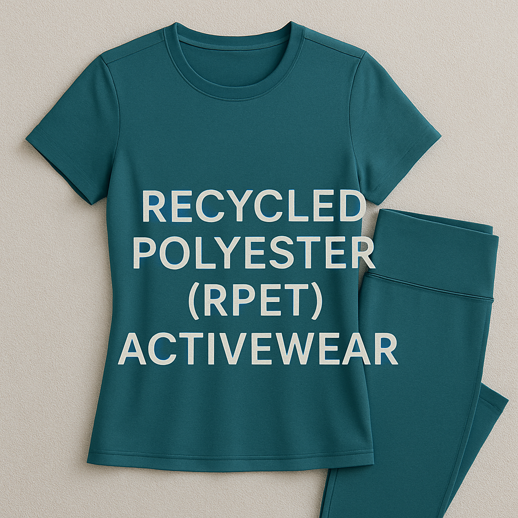 Teal activewear set made from Recycled Polyester (rPET) sustainable fabric, including a short-sleeve top and leggings.texture.