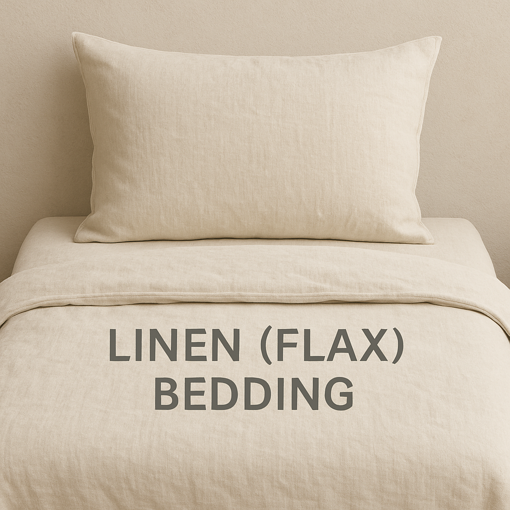 Neutral linen flax bedding set made from sustainable fabric, featuring a minimalist, natural texture.